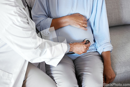 Image of Pregnant, mother stomach and doctor with stethoscope, healthcare and checkup. Pregnancy, female and mama with medical professional, equipment for tummy and appointment for wellness and consulting.