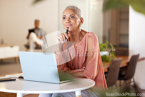 Image of Office, thinking and mature woman with idea for creative startup business or schedule planning in notebook at desk. Freelance worker, designer or writer, pen in hand working on ideas in modern office