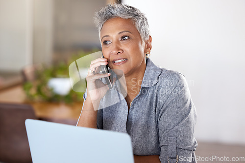 Image of Phone call, laptop or senior manager networking, talking or speaking of our vision, goals or company mission. Communication, boss or mature business woman in conversation or discussion in office room