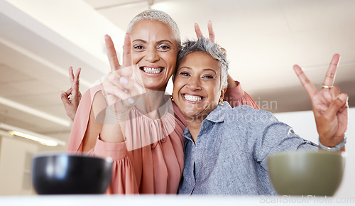 Image of Senior women, bonding or peace sign in house or home living room for social media, profile picture or cool memory capture. Portrait, happy smile or retirement elderly friends and emoji hands gesture