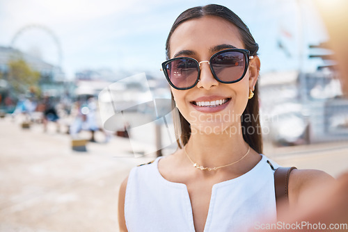 Image of Travel, happy or woman taking selfie on holiday vacation in summer in Las Vegas, USA with freedom. Smile, fashion sunglasses or portrait of cool girl tourist taking pictures for social media content