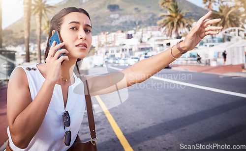 Image of Phone call, taxi or woman on a road in a city for traveling in Miami, Florida on a summer holiday vacation. Stop, bus or girl tourist waiting for a cab car outdoors on city street for an appointment