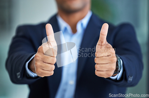 Image of Success, feedback or hands of businessman with thumbs up for agreement, praise or kpi goals achievement in office. Zoom, leadership or employee with thumb up for yes sign, compliance or work support