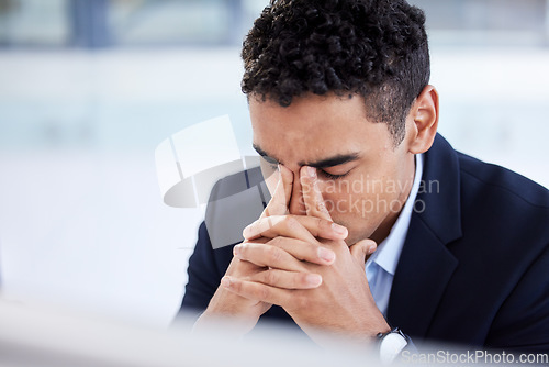 Image of Stress headache, burnout and man in office overwhelmed with workload at computer. Mental health, frustrated and overworked tired trader at startup, anxiety from deadline time in stock market crisis.