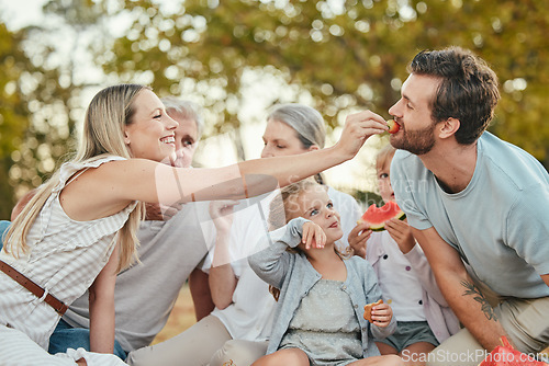 Image of Family picnic, eating and fun in a park in summer with mother, father and children outdoor. Grandparent, sunshine and fruit with mom, dad and girl kids happy about big family love and care together