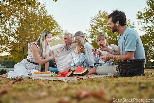 Image of Watermelon, love or big family in nature on a picnic eating healthy fruit or food on summer holiday vacation in Berlin. Grandparents, mother and happy father enjoy bonding or relaxing with children