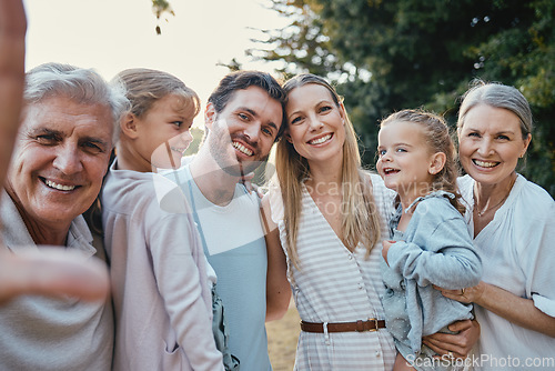 Image of Big family, portrait smile and selfie for happy quality bonding together for fun day in the nature park. Parents, grandparents and kids faces smiling for family time, photo or holiday in the outdoors