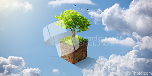 Image of Sustainable, agriculture and eco friendly tree in the sky for earth day, clean energy and nature. Animation, ecology and green plant and leaves for sustainability with cloud and blue sky background.