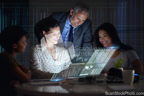 Image of Stock market, tablet or team trading at night for a cryptocurrency or financial investment opportunity. Holographic, team work or happy traders reading analytics for data analysis or forex strategy