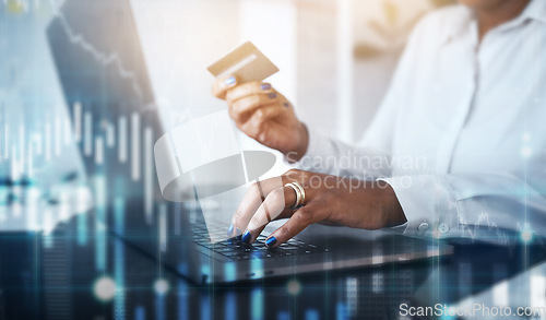 Image of Credit card, laptop or hands typing on stock market or cryptocurrency website for a digital financial payment. Overlay, finance or black woman trading forex online for cash savings investment growth