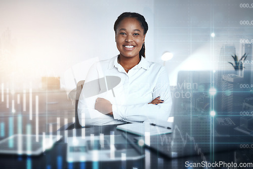 Image of Stock market overlay, business woman portrait and fintech chart graphic happy about investment growth. Accounting, finance and crypto currency black woman employee proud of digital trading success