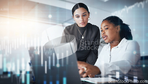 Image of Overlay, laptop or women trading on the stock market for financial investment growth in forex with teamwork. Finance, hologram or manager helping a female trader with data analysis or chart analytics