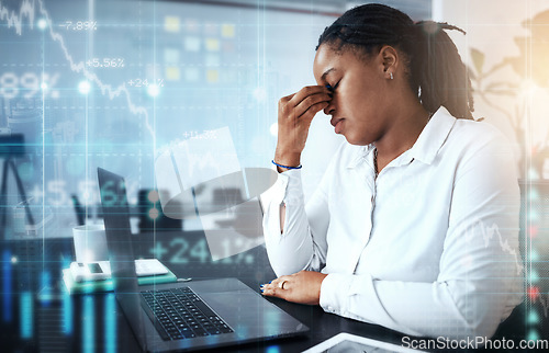 Image of Finance, stress and black woman with a financial crisis in trading, cryptocurrency or investing. Financial hologram, statistics and African lady with a laptop frustrated at the stock market crash.