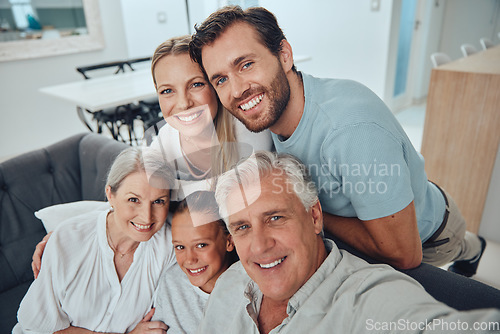 Image of Family, selfie and grandparents with girl, parents and smile for bonding, loving and lounge. Love, portrait and grandmother with grandfather, mama and dad with daughter, happiness and relax on sofa.