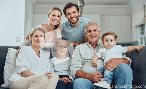 Image of Relax, portrait or happy big family love enjoying quality bonding time in a family home on holiday vacation. Senior grandparents, mother and father relaxing with children siblings on living room sofa