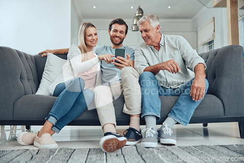 Image of Relax, search and phone with family on sofa for share internet, social media or online news. Care, retirement and help grandfather with man and woman in living room for technology, digital or contact