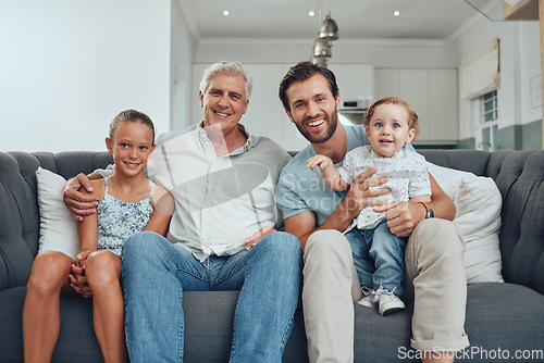 Image of Portrait of children, dad and grandfather on sofa, generations of family together in living room. Love, home and father with kids and grandpa from Australia relax and smile on couch in home apartment