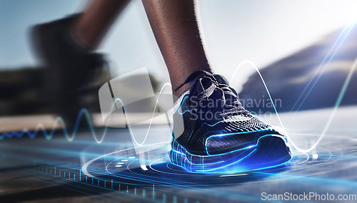 Image of Hologram, shoes and sports for fitness, run and speed for health tracking outdoor. Future, sneakers and graphics for workout, exercise and balance for routine, training for marathon and wellness.