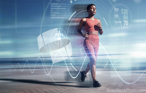 Image of Exercise, fitness and black woman running with futuristic hologram, overlay or double exposure for cardio health. Wellness, sports and female runner with ai for pulse or time for training or workout.