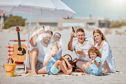 Image of Love, family and beach for vacation, relax and spend quality time on sand, bonding or loving together. Grandparents, mother and father cheers with children, seaside or travelling for holiday or drink