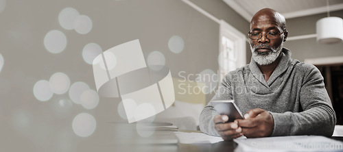 Image of Senior man, smartphone and typing for social media, connectivity or search internet. African American male, mature gentleman and phone for online reading, share pictures and communication with mockup