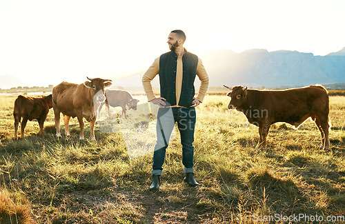 Image of Cow, farm countryside and man proud of sustainability, working and production growth outdoor. Agriculture businessman happy about cows, field and cattle farming in nature with industry vision