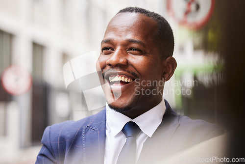 Image of Business, black man and smile in city, success and happy outdoor for startup company, manager and relax. Male Nigerian, entrepreneur or ceo on street, confident and leadership for corporate or formal