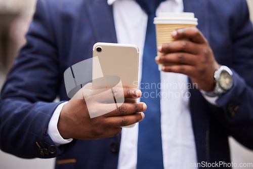 Image of Businessman, hands and coffee with phone for communication on email, social media or networking. Travel, 5g and corporate black man on work commute with mobile app connection and latte drink.