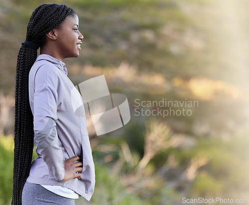 Image of Black woman, athlete and in nature for peace, relax and fresh air for wellness, health and fitness. View, Jamaican female, girl and runner rest, mountain and confident with workout, zen and calm.