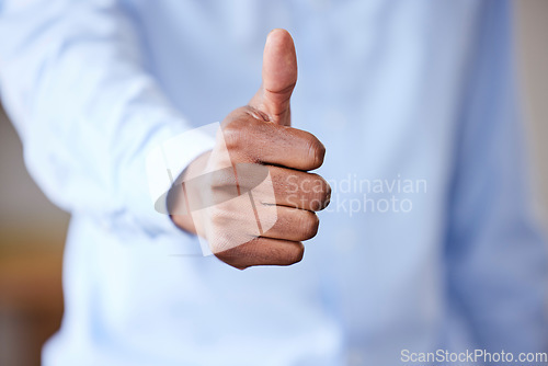 Image of Closeup, like or thumb up for motivation, achievement or support sign. Hand emoji for yes, agreement or icon for winner, thank you or goal with praise review, finger feedback or good news for victory