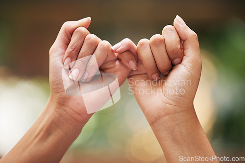 Image of Hands, trust and promise of women friends for pledge of intimate secret, confession and bond. Care, support and pinky promise for confidential moment together with nature bokeh effect zoom.