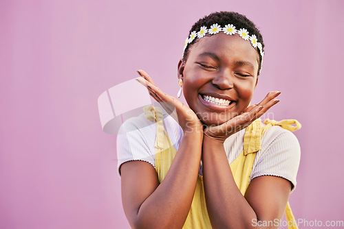 Image of Skincare, black woman or cosmetics for face detox, summer style or smile on studio background. Hippie, Jamaican girl or young female with natural beauty, smooth or clear skin for confidence or mockup