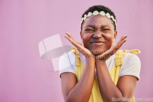 Image of Skincare, black woman and face for cosmetics for wellness, marketing or headband on studio background. Jamaican girl, young female or hippie with confidence, natural beauty or makeup with smooth skin