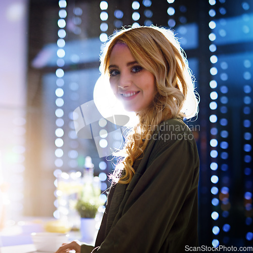 Image of Party, nightlife portrait of a happy woman in a nightclub standing with a smile for a new year celebration. Happiness, night out and lady with energy clubbing and having fun at a social disco event.