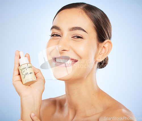 Image of Beauty, skincare and serum with portrait of woman for product, luxury and collagen oil. Facial, hyaluronic acid and dermatology with face of girl model for wellness, cosmetics and self care in studio
