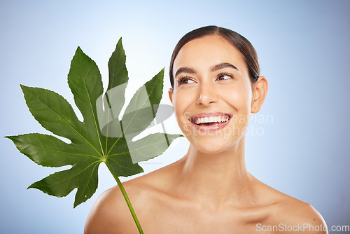 Image of Woman, skincare and plant leaf in studio for self care beauty, wellness and smile by blue background. Model, happy and monstera leaves for natural cosmetic, radiant skin glow or aesthetic by backdrop