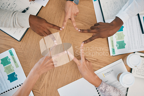 Image of Group, fingers and star shape in office, diversity and teamwork at startup workshop with performance report. Business meeting, kpi documents and team with hands together in collaboration and support.