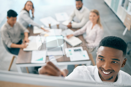 Image of Whiteboard, presentation or manager writing a strategy for sales revenue growth in a company office meeting. Ideas, leadership or happy businessman coaching, training or teaching employees analytics