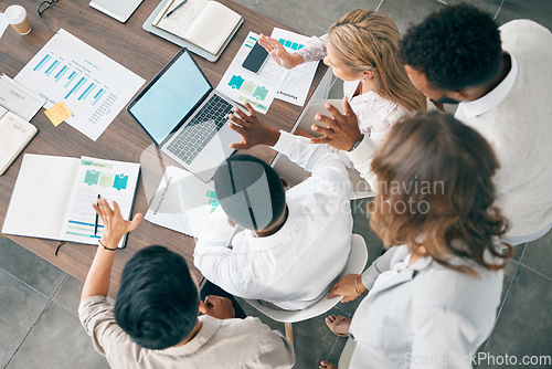 Image of Collaboration, documents and financial with a business team working together in an accounting office from above. Meeting, data and finance planning with a man and woman accountant group at work