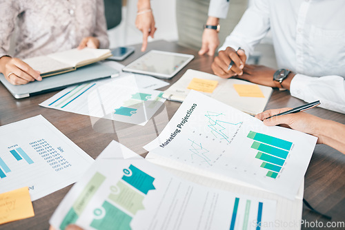 Image of Collaboration, documents and financial with a business team working together in an accounting office from above. Meeting, data and finance planning with a man and woman accountant group at work