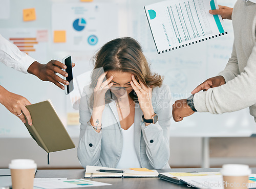 Image of Stress, headache and business woman with burnout, overworked and overwhelmed with deadline from boss. Mental health, depression and multitasking female employee tired, sad and exhausted in office.