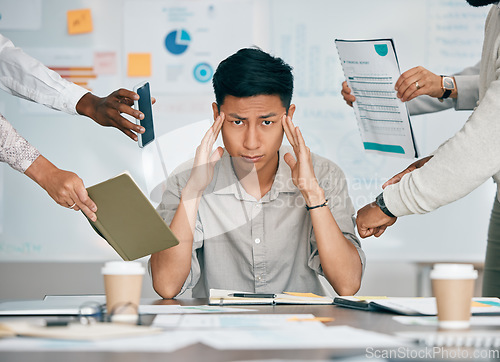 Image of Stress, overworked and headache with businessman multitasking audit, schedule and compliance. Challenge, accountability and mental health with asian employee for burnout, frustrated and deadline