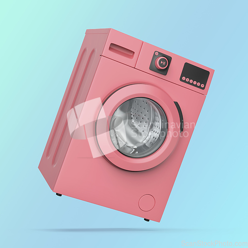 Image of Pink washing machine on blue background
