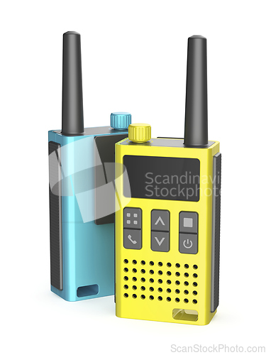 Image of Two different colored handheld transceivers