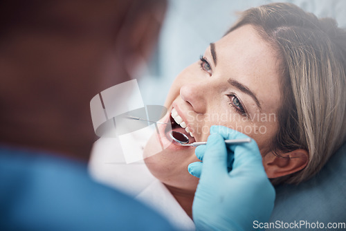 Image of Teeth, dental or woman at a dentist for surgery, teeth whitening or mouth cleaning for gum disease bacteria. Wellness, tooth decay or hands helping or working with oral tools in healthcare clinic