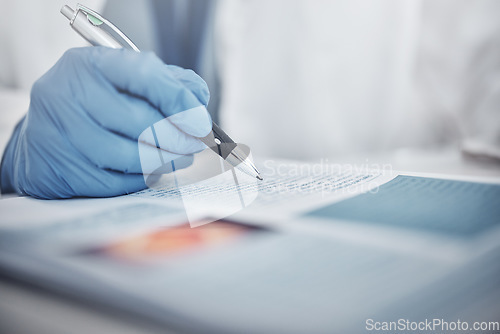 Image of Scientist, hands or laboratory documents writing in medical research analytics, cancer life insurance or vaccine engineering results. Zoom, science worker or person and paper pen for healthcare study