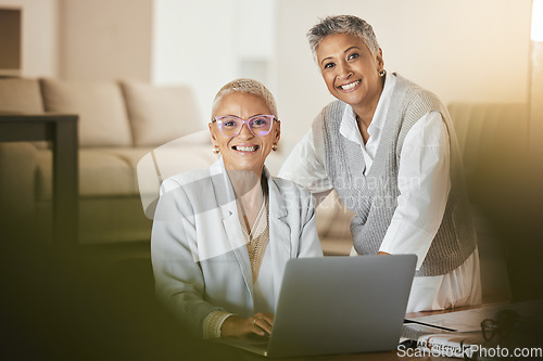 Image of Senior business women, laptop and happy portrait planning strategy, company schedule or working on project report together. Mature employees, teamwork collaboration and professional managers on tech