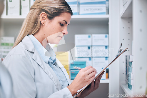 Image of Pharmacist, writing or woman with checklist for medicine stock or medical supplements inventory supply. Pharmacy, clipboard or doctor recording retail drugs data for store shelf products management