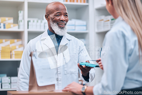 Image of Pharmacist, customer or credit card machine in medicine retail purchase, healthcare wellness treatment or prescription pills buy. Happy smile, mature pharmacy worker and woman or electronic pay nfc