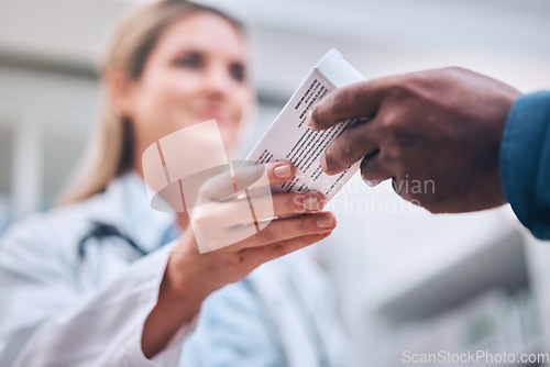 Image of Pharmacy, medication box and pharmacist helping a patient with medical prescription at clinic. Medicine, healthcare and guy getting pills, cure or treatment at a pharmaceutical drug store or chemist.